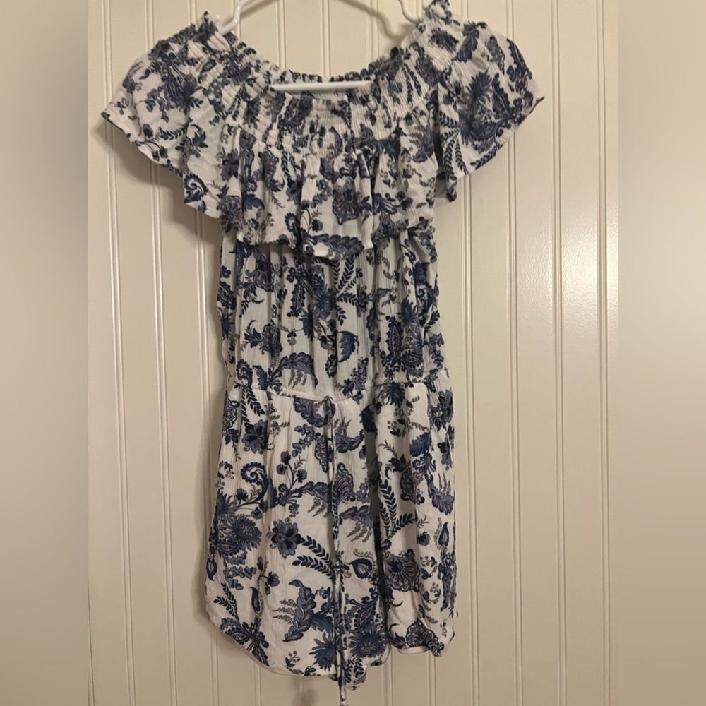 White and blue floral print romper